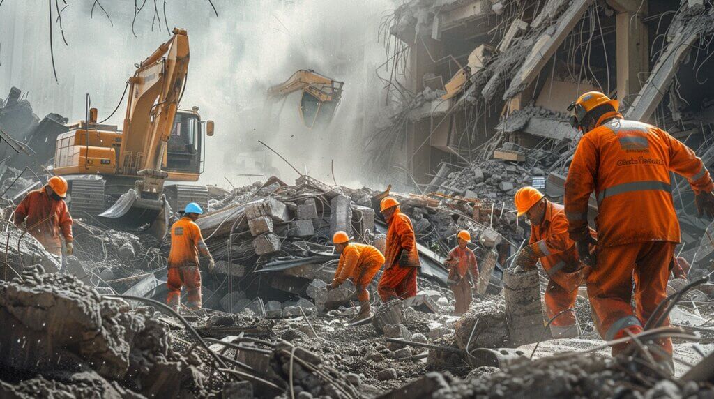 team of workers clearing debris from a collapsed building after an earthquake