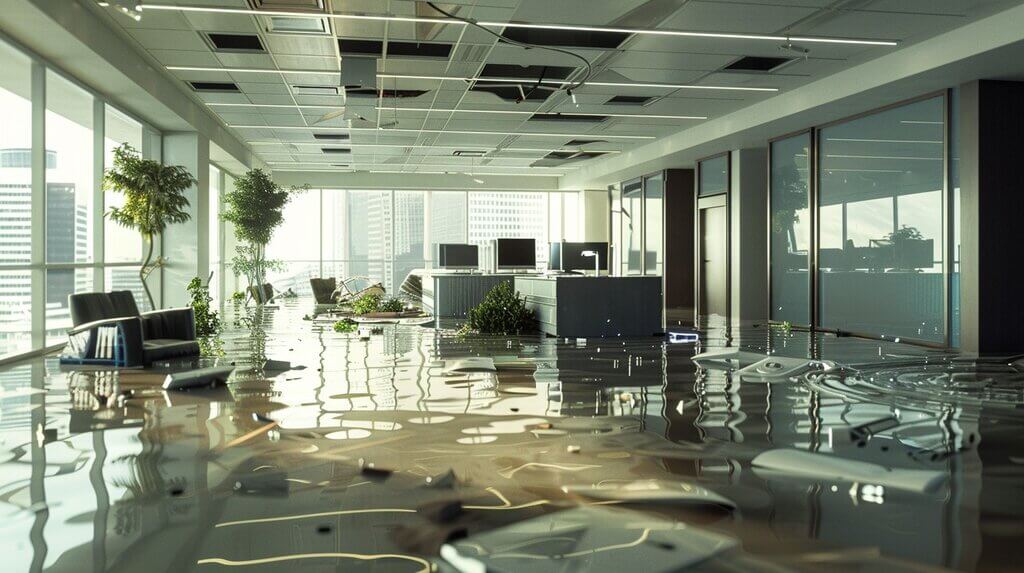 flooded office building with water pooling on the floor