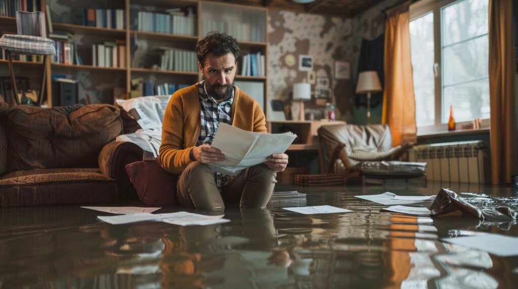 homeowner looking stressed while holding an insurance policy document