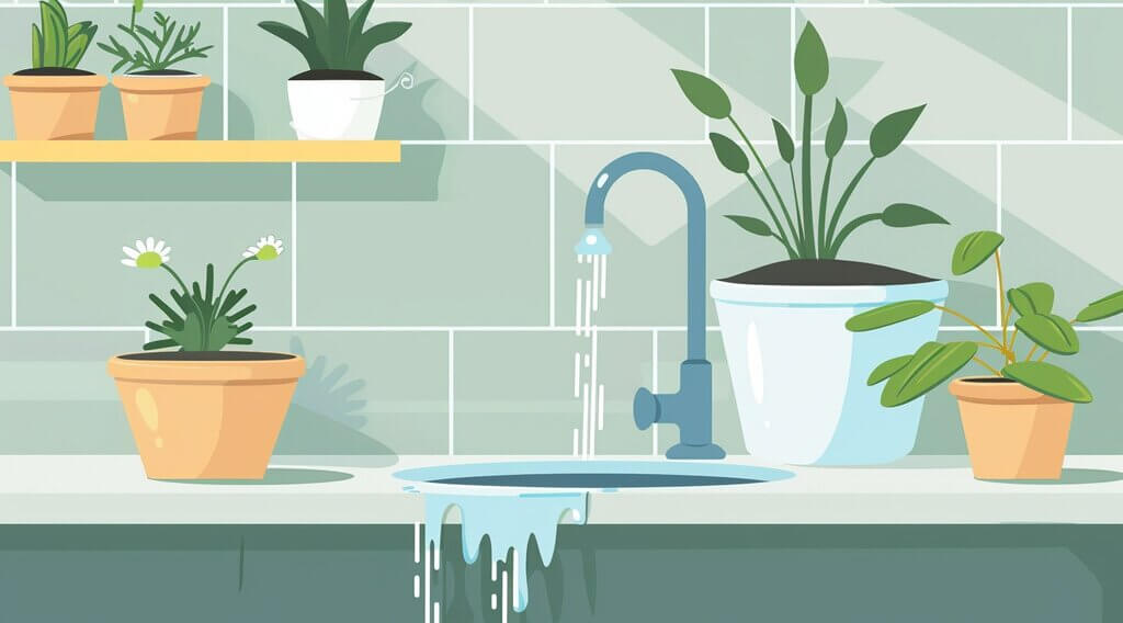 household sink draining water into a bucket, with plants nearby being watered by the grey water