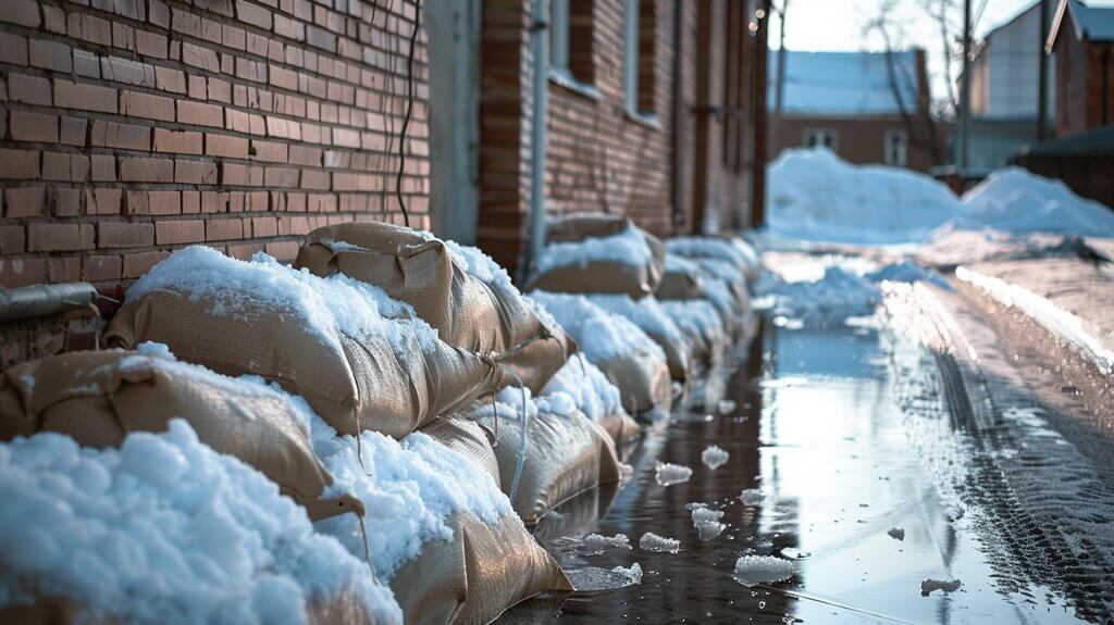 row of sandbags lined up against a building, with melting snow pooling around them